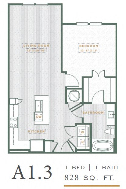 Floor plan for 1 bed, 1 bath, 828 sqft